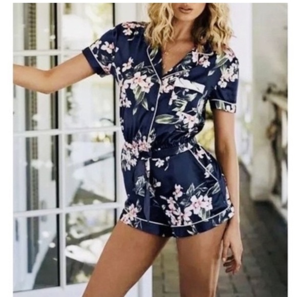 Victoria's Secret Other - Victorias Secret Tropical Floral Satin Pajama Romper, Size M